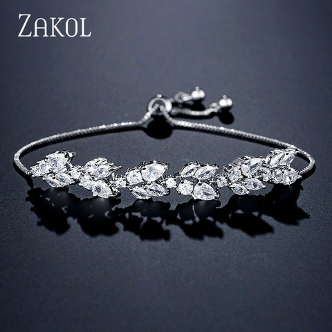 ZAKOL High Quality White Cubic Zirconia Leaf Adjustable Bracelets For Women Fashion Bridal Wedding Party Jewelry FSBP2159 ► Photo 1/6