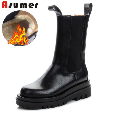 ASUMER 2022 New Full genuine leather boots women slip on Chelsea boots platform shoes fashion autumn ankle boots for women shoes ► Photo 1/6