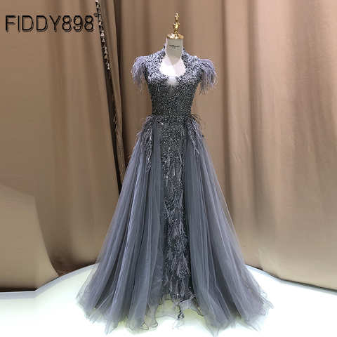 Luxury Evening Dress Long Arabic Feather Sleeve Shiny Beaded Prom Dress 2022 Robe De Soiree Vestidos de Fiesta De Noche ► Photo 1/6