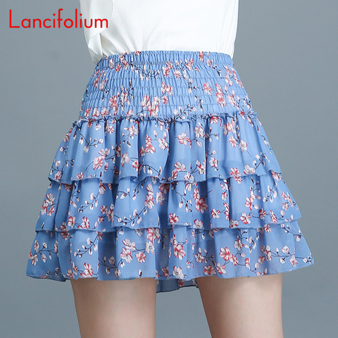 Cake Skirt Women Floral A Line Chiffon Mini Skirt Korean Kawaii Elastic High Waist Tiered Black White School Pleated Skirts B006 ► Photo 1/6