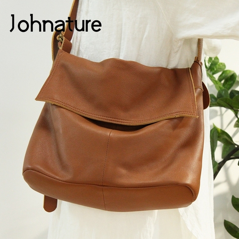 Johnature Leisure First Layer Cow Leather Women Bag 2022 New Large Capacity Shoulder & Crossbody Bags Solid Color Messenger Bag ► Photo 1/6