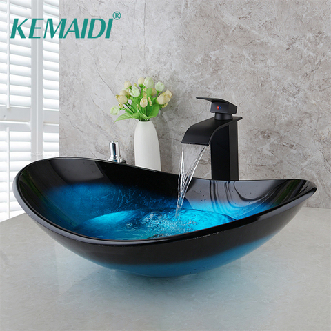 KEMAIDI Tempered Glass Hand Painted Waterfall Spout Basin Black Tap Bathroom Sink Washbasin Bath Brass Set Faucet Mixer Taps ► Photo 1/6