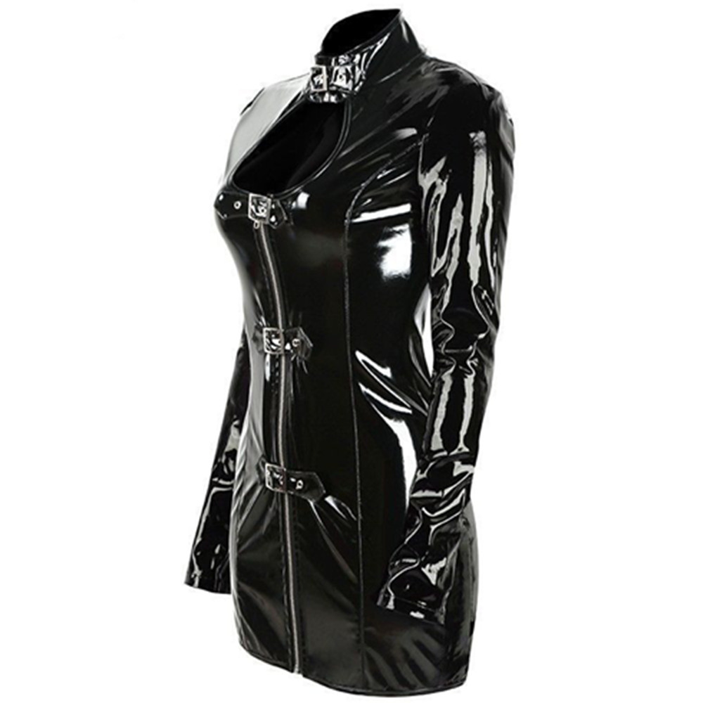 knee length dresses for ladies Sexy Black Pvc dress With Front Zip – Miss Leather Online main image 1
