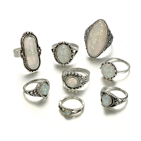 Tocona 8pcs/Set Vintage Antique Silver Color Rings Sets Colorful Opal Stone Carve for Women Men Bohemian Jewelry Anillos 6421 ► Photo 1/6