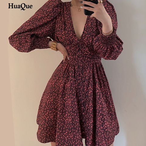 Dress Women's Summer Floral Dress Elegant Ladies Puff Sleeve A-neck V-neck High Elastic High Waist Dress Ladies Party Dress Ladi ► Photo 1/6