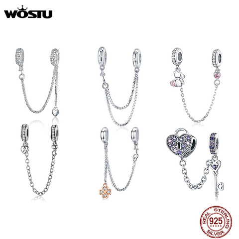 Hot Sale 100% 925 Sterling Silver The Key to Heart Silicon Safety Chain Charm Fit Wostu Original Beads Bracelet Jewelry CQC606 ► Photo 1/6