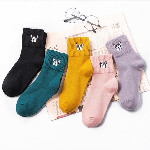 Socks for women cotton embroidery French bulldog sock ladies cartoon winter thick socks female casual kawaii sox dropshipping ► Photo 1/6