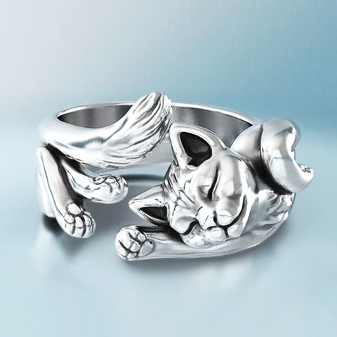 Huitan Cute Fortune Cat Shape Women Opening Rings Silver Color Dance Party Finger Ring Delicate Girl Gift New Fashion Jewelry ► Photo 1/5