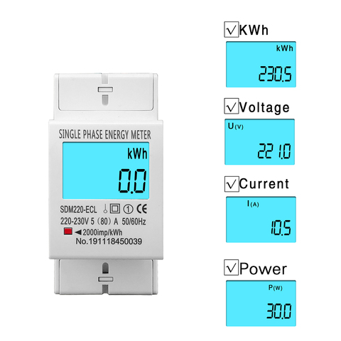80A Din rail Single Phase Two Wire LCD Digital Display Power Consumption Energy Electric Meter kWh AC 220V 230V 50Hz/60Hz ► Photo 1/6