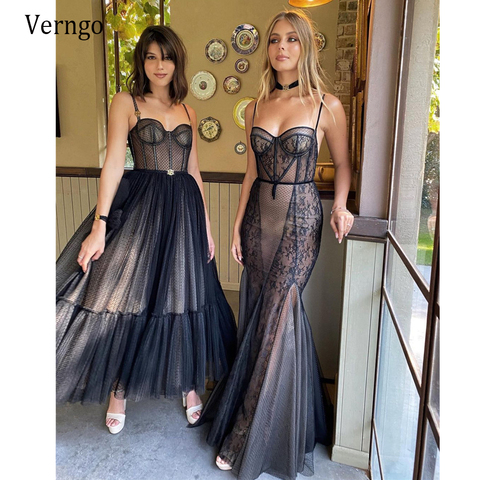 Verngo Modern Black A Line Short Prom Dresses Spaghetti Straps Dotted Tulle Corset Evening Gowns Tea Length Formal Party Dress ► Photo 1/6
