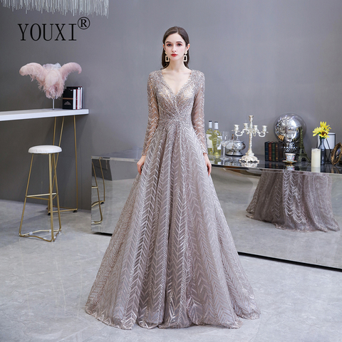 Dubai Luxury Long Sleeve Evening Dress 2022 Gorgeous V-Neck Lace Pleated Beaded Crystal Sexy Formal Gown ► Photo 1/6