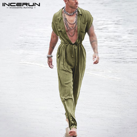 INCERUN Summer Men Casual Jumpsuits Solid Shortsleeve Streetwear Thin Rompers Loose Breathable Button Men Cargo Overalls S-5XL ► Photo 1/6