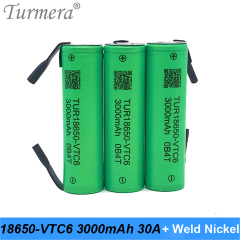 Turmera 18650 VTC6 3000mAh Battery 30A Soldering Nickel for Screwdriver Electric Drill Battery 12V 16.8V 18V 25V and E-bike  Use ► Photo 1/6