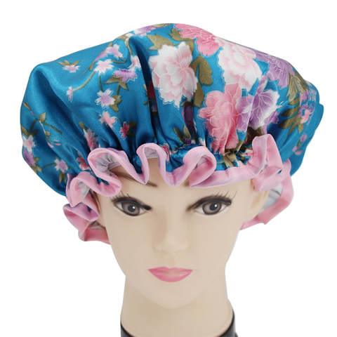 High quality polyester satin fabric double layer shower caps 15 items avaiable ► Photo 1/6