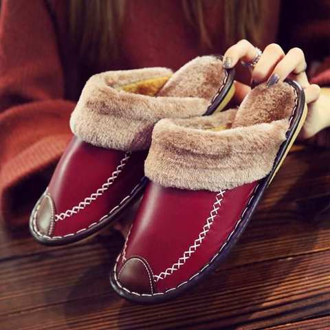 Winter Fur Women Home Slippers Large Size PU Leather Warm Plush Couples Bedroom Shoes Non-slip Men Furry Slippers Female Slides ► Photo 1/6