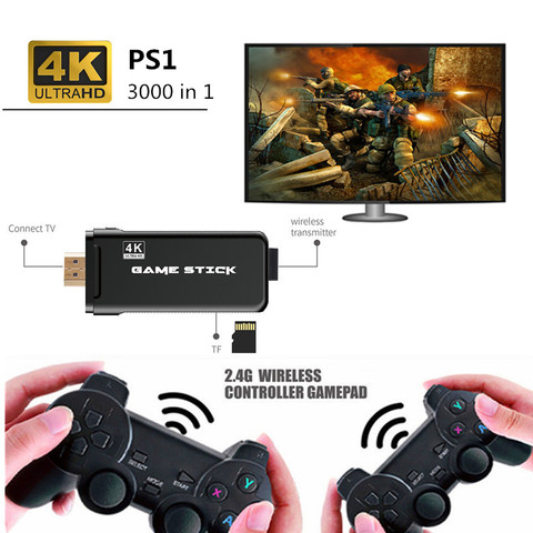 4K HD TV video game Console stick built in 3000 Games PS1 Arcade Emulators Double wireless Controller U8 3D game console ► Photo 1/6