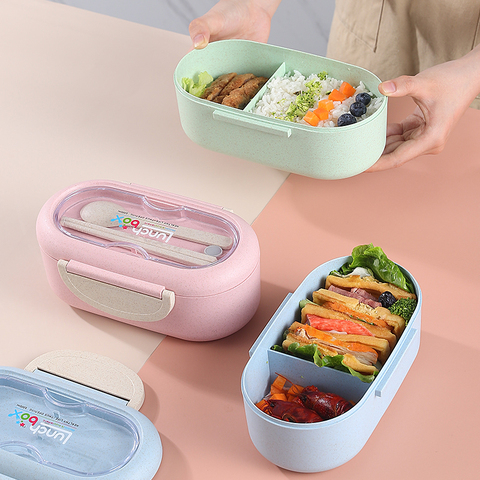 Lunch Box Microwave Leakproof Wheat Straw Office Dinnerware Food Storage Container Children Kids School Portable Bento Box Bag ► Photo 1/6