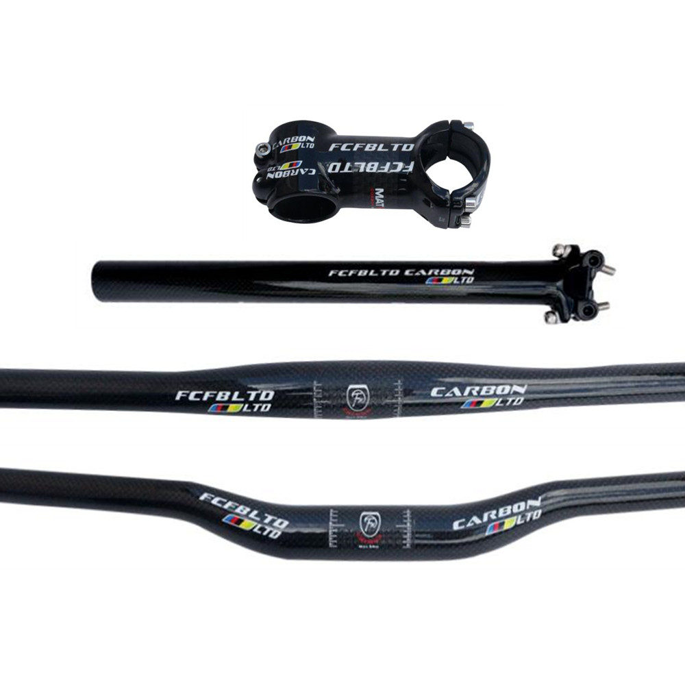 Carbon Fiber MTB Bike Handlebar Flat/Riser Bar & Seatpost & Bicycle Bar Stem Set