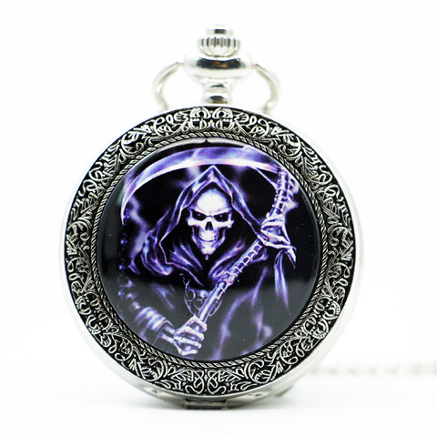 New Fashion Carving Skull Flame Death Quartz Pocket Watch with Necklace Chain Gifts Boys ► Photo 1/6