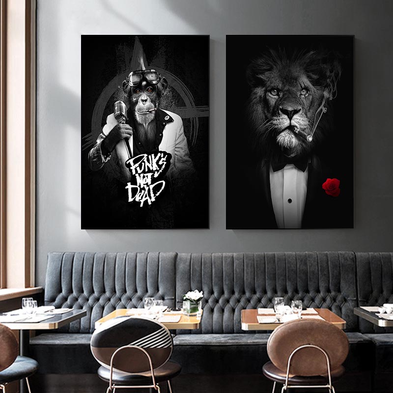 Black White Lion In Suit Canvas Art Posters And Prints Animals Canvas Paintings