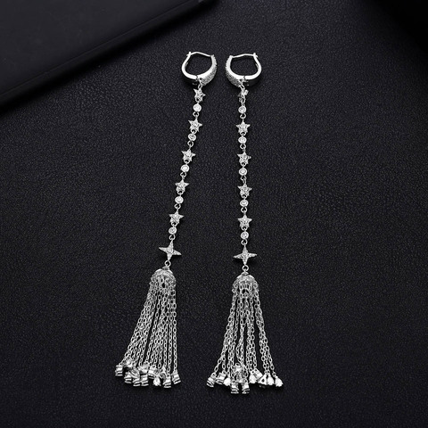 janekelly Trendy Luxury Long Tassels Dangle Earrings For Women Wedding Cubic Zircon Crystal African Dubai Silver Bridal Earring ► Photo 1/1