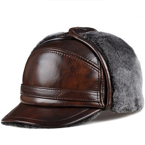 RY0201 Male Winter Warm Ear Protection Bomber Hat Man Genuine Leather Faux Fur Inside Black/Brown Ultra Large Size 54-62cm Caps ► Photo 1/6
