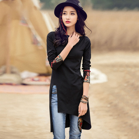 Ethnic Embroidery Long Black Tshirt Women Elegant Side Split Tee Shirt Femme Autumn Long sleeve Boat neck Ladies Tops ► Photo 1/5