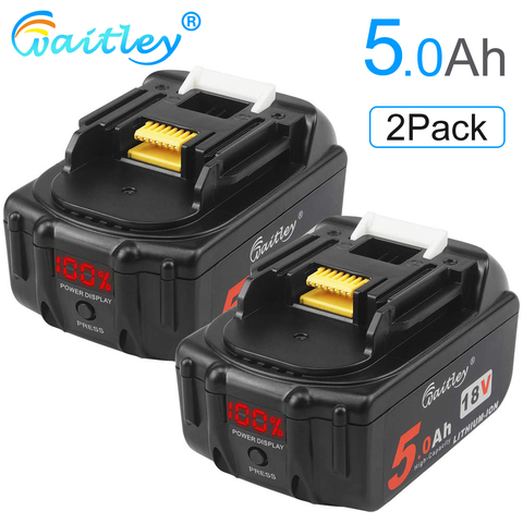 Waitley 2Pack 18V 5.0Ah Replacement Battery for Makita 5000mah BL1830 BL1840 BL1850 BL1860 Battery with LED Power Display 18v 5A ► Photo 1/6