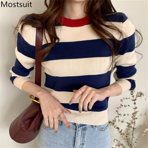 2022 Spring Korean Knitted Striped Pullover Sweater Women Long Sleeve O-neck Vintage Fashion Casual Female Tops Sweaters ► Photo 1/6