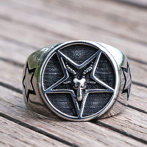 Gothic Goat Pentagram Satanic Signet Ring Mens Stainless Steel Punk Biker Rings Unique Male Satan Demon Baphomet Ring ► Photo 1/6