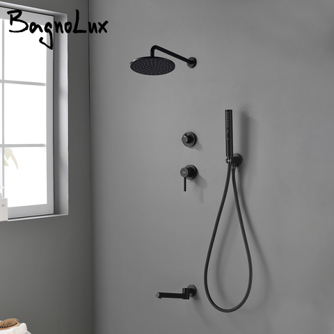 Bagnolux Brass Matte Black Wall Embed Mount 3-Function Concealed Shower System 10 Inch Top Rain Spray Bathroom Faucet ► Photo 1/6