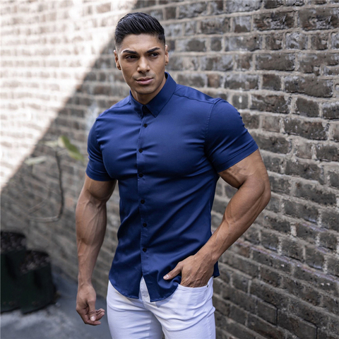 Men Fashion Casual Short Sleeve Solid Shirt Super Slim Fit Male Social Business Dress Shirt Brand Men Fitness Sports Clothing ► Photo 1/6