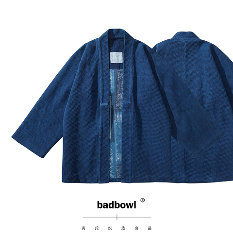 BADBOWL Japanese Casual INDIGO Plant Blue Dyeing Road Robe Heavy Kendo Fabric Retro Kimono Jacket Men's Flanel lhamo Jackets ► Photo 1/6