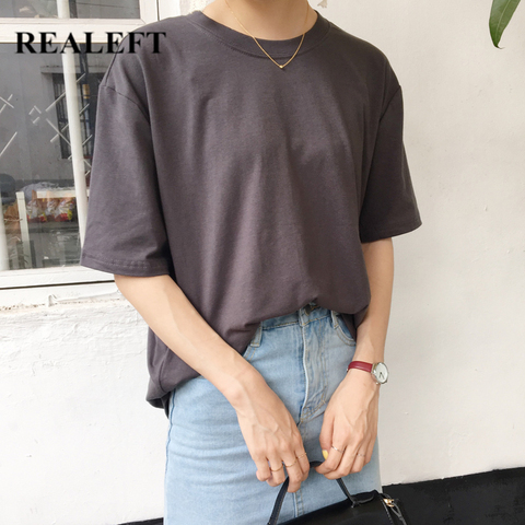 REALEFT 2022 New Summer Cotton Solid Short Sleeve Women's T-Shirts Basic 12 Colors O-Neck Casual Loose Female Shirts Tops Tee ► Photo 1/6