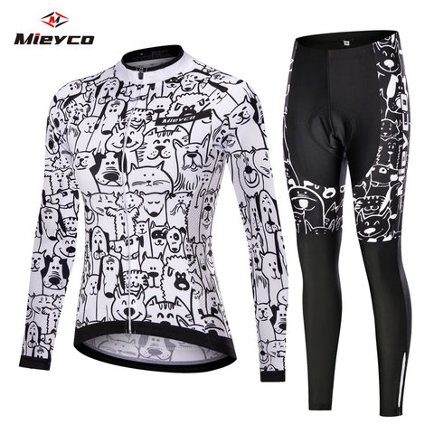 Women White Cartoon Cat Dog Cycling Jersey Set Mountain Bike Uniforms Long Sleeve Cycling Wear Bicycle Clothing Cycling Clothing ► Photo 1/6