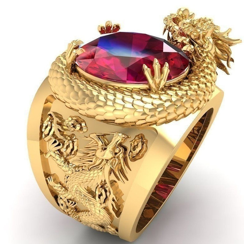 Huitan Luxury Gold Color Dragon Pattern Men Rings Inlaid Big Oval Red Stone Noble Wedding Party Finger Rings Male Trendy Jewelry ► Photo 1/3