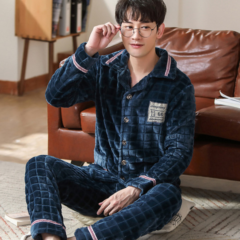 Winter Thicken Warm Soft Blue Flannel Pajamas Sets for Men Night Pijamas Male Long Sleeve Pyjamas Sleepwear Suit Casual Homewear ► Photo 1/6