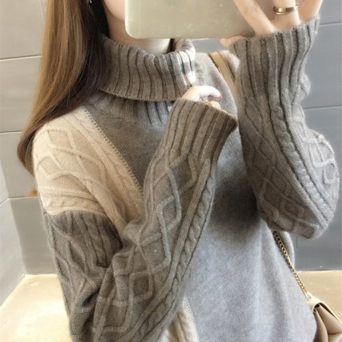 Lucyever Winter Thick Women Turtleneck Sweater Fashion Winter Patchwork Knitted Pullover Warm Sweater Casual Long Sleeve Jumper ► Photo 1/6