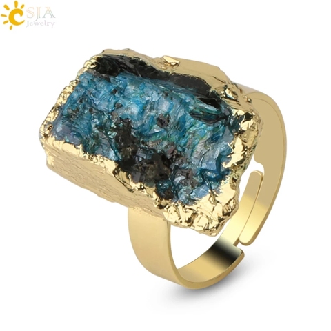 CSJA Natural Stone Gold-color Adjustable Ring Irregular Black Tourmaline Blue Crystal Finger Rings for Women Trendy Jewelry G337 ► Photo 1/6