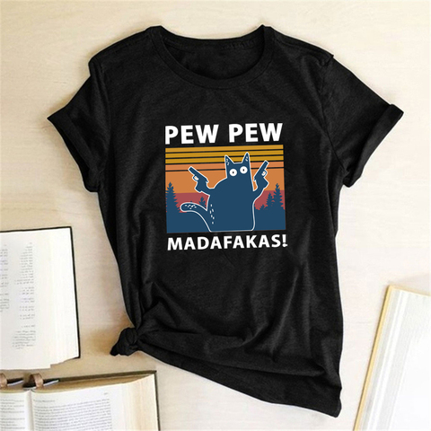 Pew Pew Madafakas Print T-shirts Women Summer 2022 Graphic Tees Funny Shirts for Women Loose Crew Neck Harajuku Tops for Teens ► Photo 1/6