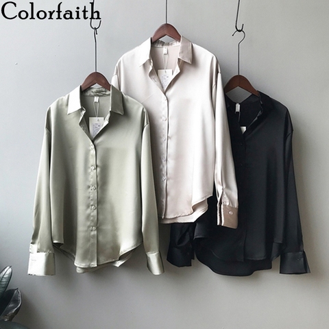 Colorfaith New 2022 Women Spring Autumn Satin Blouse Shirts Casual 4 Colors Oversize Fashionable Office Lady Wild Tops BL0726 ► Photo 1/6