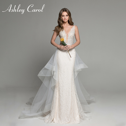 Ashley Carol Mermaid Wedding Dresses 2022 Sexy V-neckline Lace Luxury Beaded Detachable Train Bride Dress Romantic Bridal Gowns ► Photo 1/6