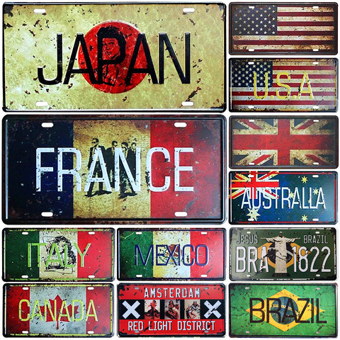 Japan USA Mexico Italy France Flag Car License Number Plate Amsterdam Metal Tin Signs Bar Pub Cafe Home Decor Garage Painting ► Photo 1/6