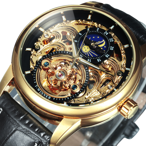 WINNER Official Casual Automatic Watch Men Moon Phase Carved Skeleton Dial 2022 Men's Fashion Mechanical Wrist Watches Leather ► Photo 1/6