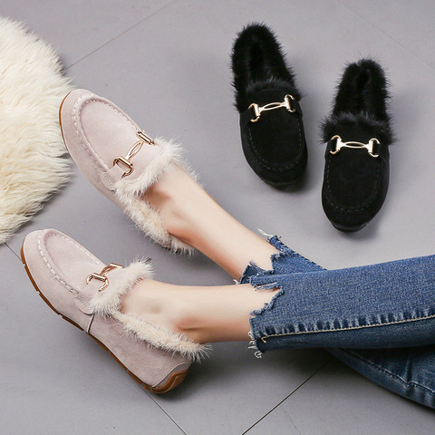 Women Shoes Plush Mules Office Shallow Sewing Loafers Slip On Ladies Shoes Comfortable Female Footwear Winter Warm Flats 2022 ► Photo 1/6