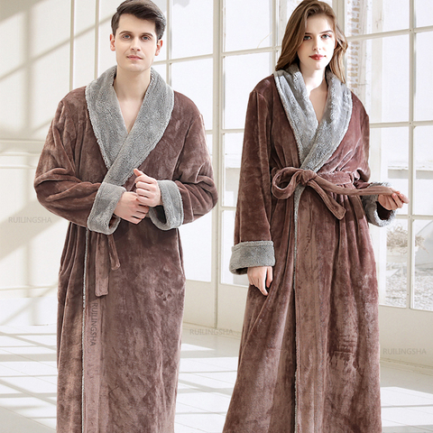 Women Extra Long Thermal Flannel Fur Bathrobe Plus Size Winter Warm Pregnant Bath Robe Zipper Hooded Dressing Gown Men Sleepwear ► Photo 1/6