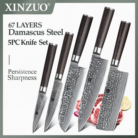 XINZUO 5 pcs Kitchen Knife Set Damascus Steel Chef Knife set Stainless Steel Chef Utility Knife Pakkawood Handle Cutlery Slice ► Photo 1/6