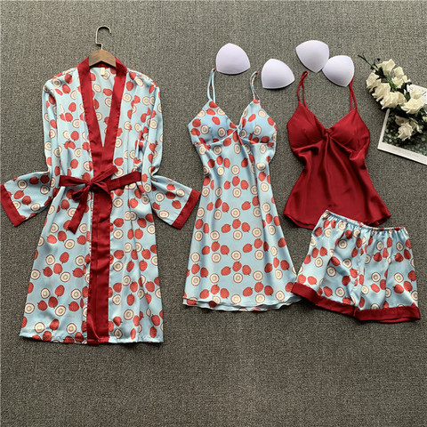 Daeyard Silk Pajamas For Women Overall Printing 4 Pieces Pyjamas Set Satin Pijamas Mujer Sleepwear Sexy Nightwear Home Clothes ► Photo 1/6