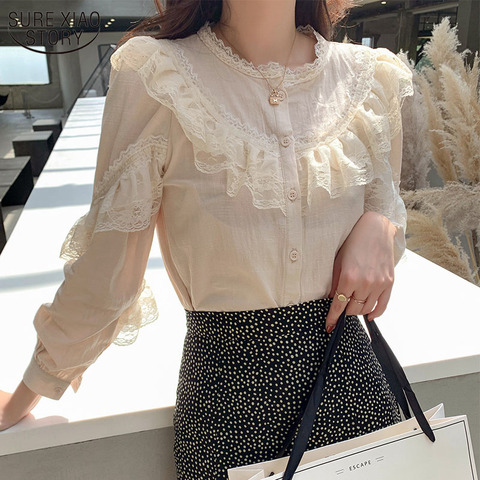 2022 Elegant Ladies Tops Women's Tops and Blouses Solid Lace Blouse Button Stand Tops for Women Shirts Blusas Femininas 8049 50 ► Photo 1/6