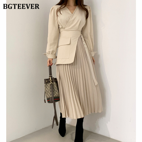 BGTEEVER Casual V-neck Slim Waist Belted Female Dress 2022 Spring Elegant Full Sleeve Women Pleated Vestidos Ladies Midi Dress ► Photo 1/6